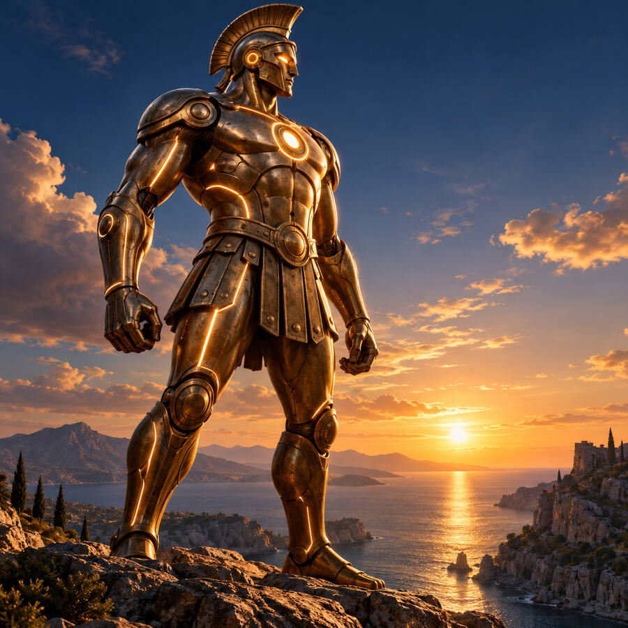 The bronze Talos figure inside a turning bronze ring